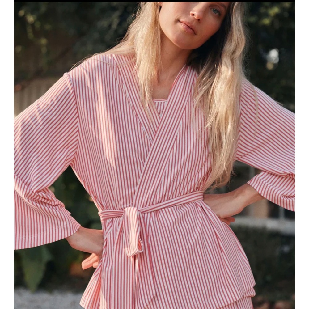 LAKE Pajamas Kimono Peach White Striped Modal Wrap Lounge Size XS